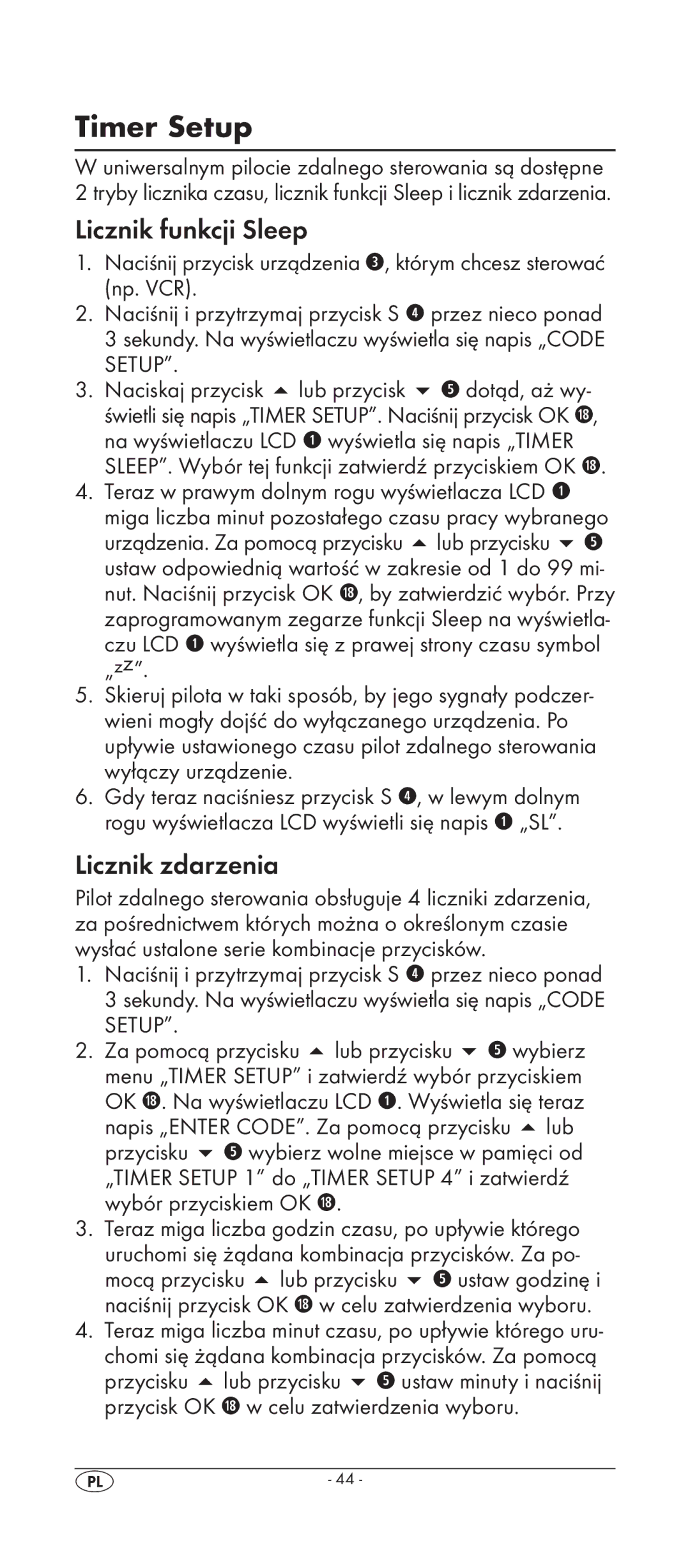 Silvercrest KH 2158 manual Timer Setup, Licznik funkcji Sleep, Licznik zdarzenia 